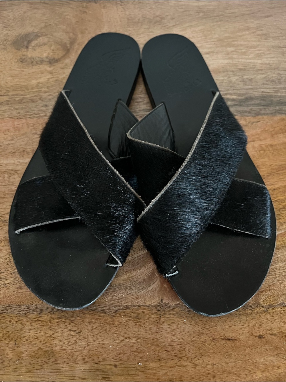 Ancient Greek Sandals Thais Calf Hair Black Slides Size 40